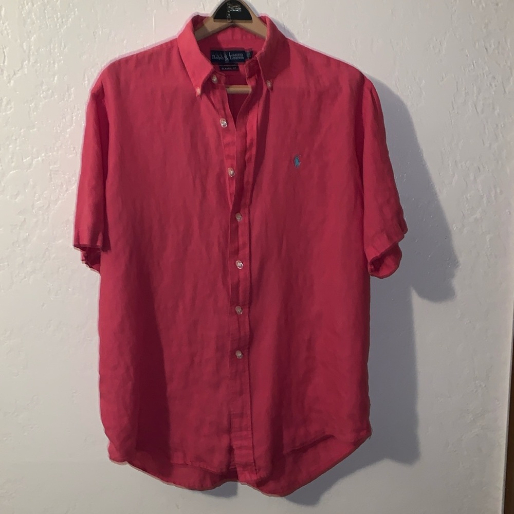 Ralph Lauren 90s Vintage Classic Fit Linen Shirt Hot Pink Blue Label Large